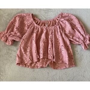 Free People Size XS Stacey‎ Lace Top Blouse Cropped Puff Sleeve Pink